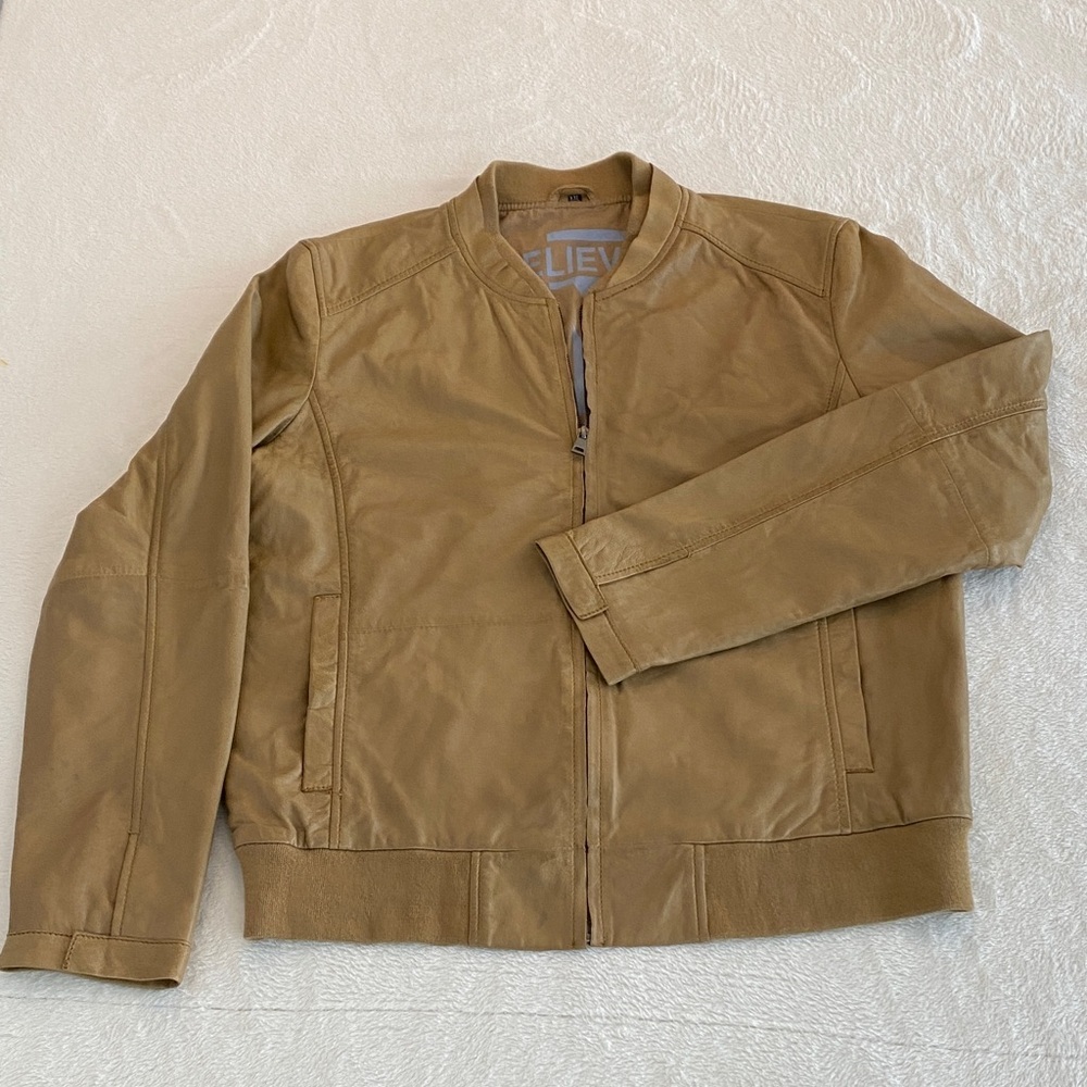 Freaky Nation Believe in Yourself Men's Tan Leather Jacket. Designed in Germany